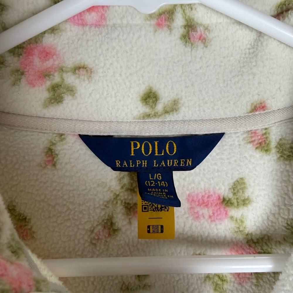 Polo Ralph Lauren Girls Fleece Pullover Zip‎ Floral Rose Cream Pink L 12-14 - Picture 3 of 8